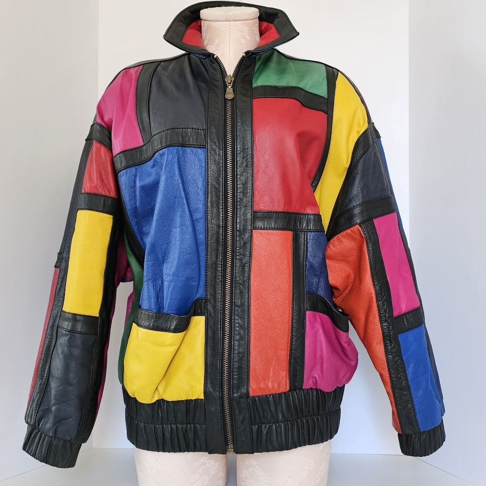 SOLD Vintage 90s Colorblock Leather Jacket Mondrian Style Oversized S